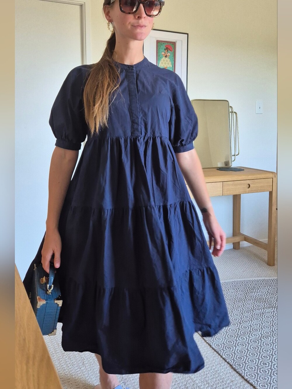 English Factory Navy Tiered Puff Sleeve Midi Dress S